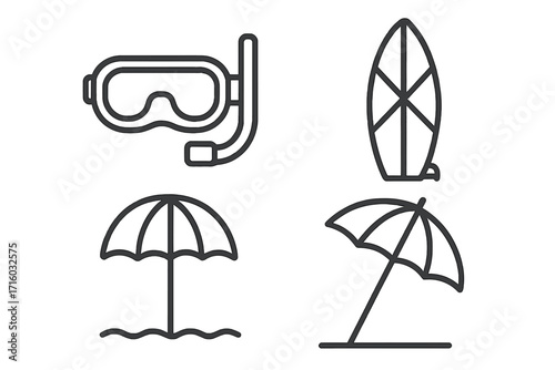 Summer beach vacation icon set. Line art collection with diving mask, snorkel, surfboard, and sun umbrella. Vector outline symbols for travel, holiday, and web design.