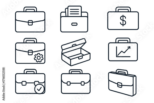 Briefcase and business icon set. Portfolio, finance, and investment symbols. Office work, money case, and document bag outline icons. Editable stroke vector collection.