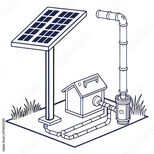 Illustration of a solar powered water pump system with a solar panel pump and pipes on grass