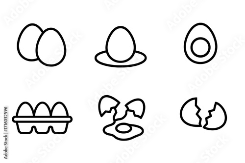 Egg icon collection simple outline set. Vector linear symbols for breakfast food, cooking. Boiled, fried, broken shell, egg carton. Healthy protein meal ingredient design.