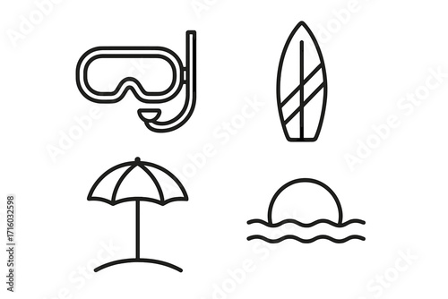 Summer beach vacation thin line icon set. Diving mask, surfboard, umbrella, sea sunset symbols. Outline vector graphics for web design, travel adverts, mobile apps, cards.