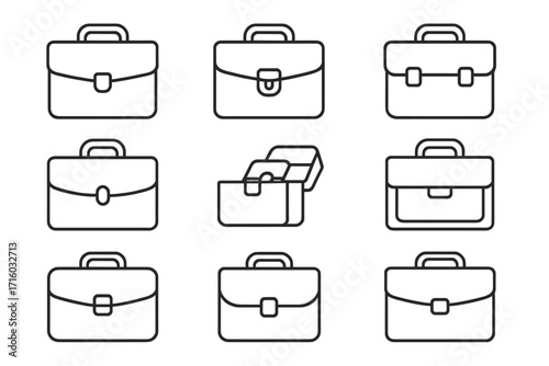 Briefcase outline icon set. Business portfolio, work bag, diplomat case collection. Professional career symbol for finance, corporate job. Editable stroke vector line art.