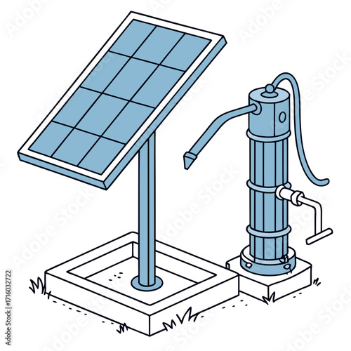 Isometric illustration of a solar powered water pump system with a hand pump and grass