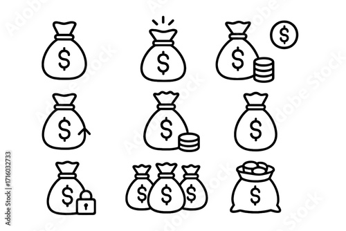 Money bag line icon set. Cash, finance, and investment outline symbols. Vector collection of dollar sacks, profit, savings, and wealth concepts. Editable stroke icons.