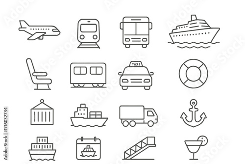Passenger, cargo, and cruise travel icon collection. Thin line art icons for transport and logistics. Vector set includes airplane, train, bus, ship, taxi, truck. Editable stroke.