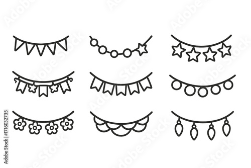 Garland icon set for party and celebration. Bunting flags, holiday banners, and festival string lights. Line art vector illustration for festive decoration. Editable stroke.
