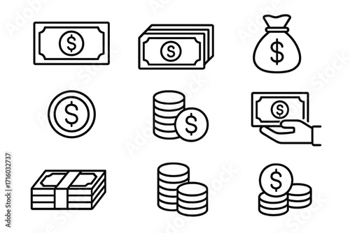Money line icon set. Cash, dollar banknote, coin stack, and money bag. Finance, currency, payment, investment, banking concept. Editable stroke vector pictogram collection.