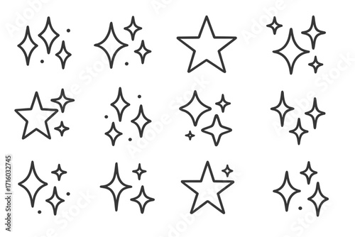 Sparkle icon set. Shine, star, twinkle, glitter symbols. Clean graphic element for UI, UX. Editable stroke vector illustration. Magic effect, quality, rating, favorite icon.