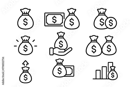 Cash money outline icon set. Vector finance symbols collection. Money bag, dollar, savings, and investment concepts for business infographics, banking apps, and web design.