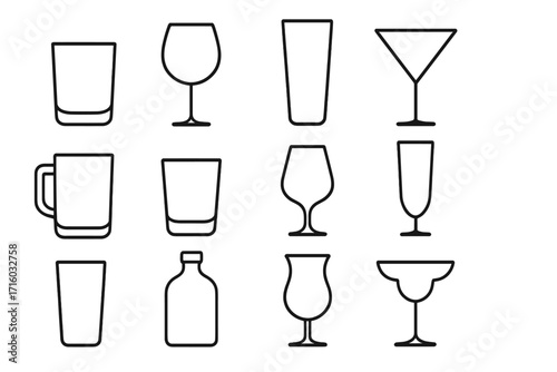 Glassware icon set. Vector line art collection of drink glasses for bar menu. Includes wine, cocktail, beer, whiskey, margarita glass. Alcohol beverage outline illustration.