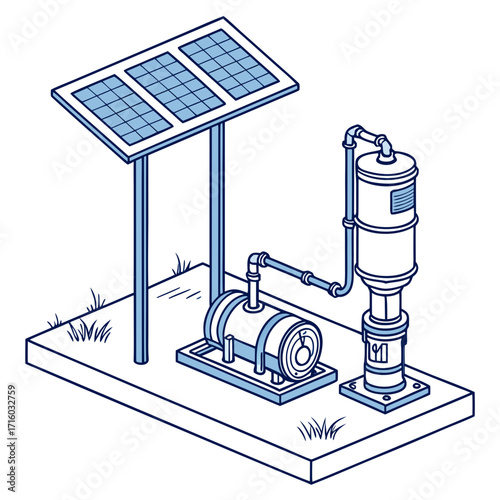 Isometric illustration of a solar powered water pump system with panels pump and storage tank