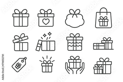 Gift box line icon set. Present, surprise package for birthday, christmas, holiday celebration. Love, giving gesture. Shopping bag, tag. Editable stroke vector illustration.