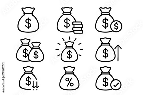 Money bag line icon set. Cash financial collection. Vector finance outline pictograms. Dollar sack, investment growth, profit, savings, payment, banking, wealth concepts.
