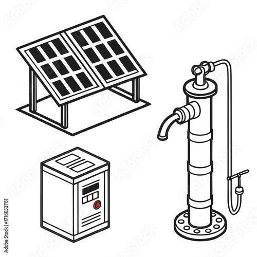 Isometric illustration of solar panels a water pump and an inverter for a sustainable off grid water supply system