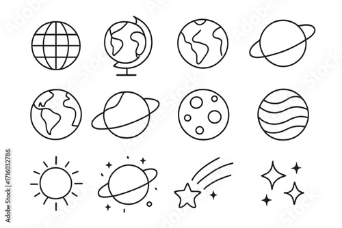 Space line icon set. Planet, globe, earth, sun, moon, and stars vector collection. Celestial bodies, solar system, and astronomy symbols. Outline signs for web and apps.