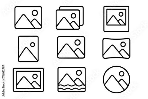 Picture line icon set. Image gallery symbol collection. Photo album placeholder. Outline landscape with mountain and sun for web design, UI, app, website, mobile. Minimal vector.