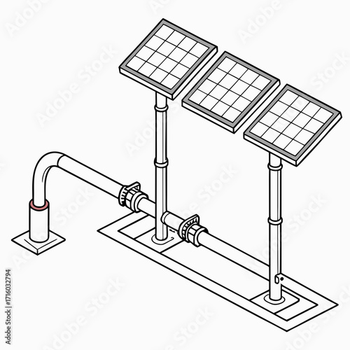 Isometric illustration of three solar panels mounted on poles above a pipe system on a white background