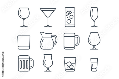 Drink & beverage thin line icon set. Glassware vector collection for bar menu, alcohol & cocktails. Includes wine glass, beer mug, whiskey & martini. Editable stroke.