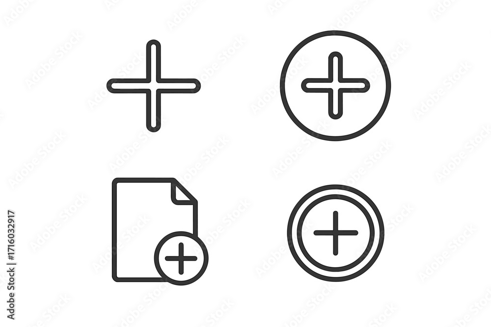 Fototapeta premium Plus sign icon set in a thin line style. Add symbol collection. Vector linear icons for website, UI, UX design. Addition, positive, and more concept. Simple minimalist design. Editable stroke.