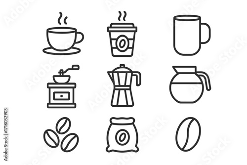 Coffee line icon set. Vector collection of coffee making elements like cup, mug, grinder, moka pot, beans. Editable stroke symbols for cafe menu, barista graphic.