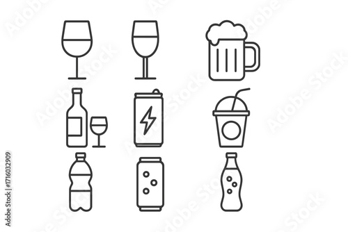 Vector icon set of drinks and beverages. Thin line art collection with alcohol, wine glass, beer mug, soda bottle, energy drink can, and water. For web, app, and menu design.