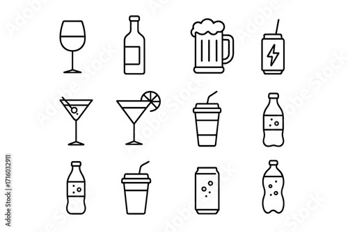 Drink and beverage thin line icon set. Collection of alcohol, soft drink, and cocktail symbols. Vector icons for bar menu, party, or restaurant. Wine, beer, soda, and juice signs.