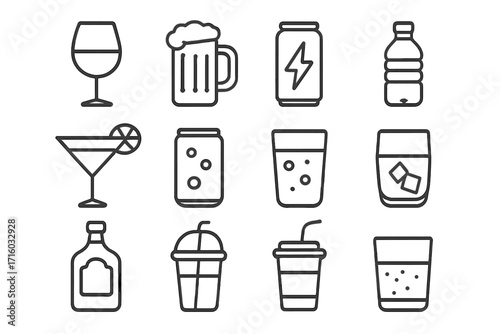 Drink and beverage line icon set. Vector collection of thin outline symbols. Alcohol, soft drink, beer, wine, cocktail, soda, juice, water. For web and app design.