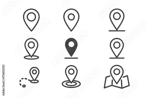 Map pin line icon set. Location marker, navigation pointer symbol. GPS destination sign for web, app design. Minimalist linear pictogram collection for route and travel.