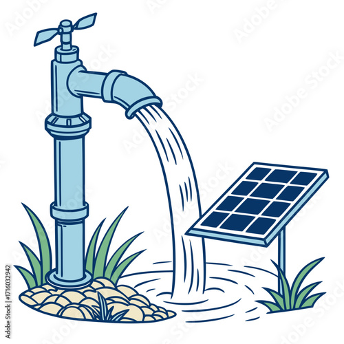 Solar powered water pump provides clean water from a tap into a pool with grass and rocks