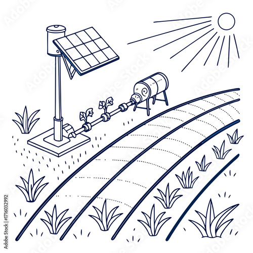 Sustainable agriculture concept solar powered irrigation system watering crops in a field under the sun