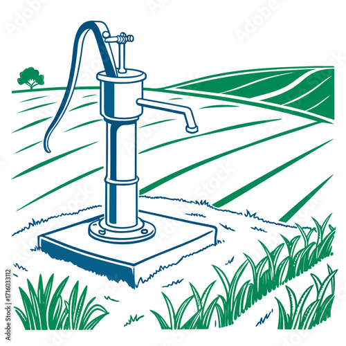 Vintage manual water pump standing in a green field with rolling hills and a solitary tree
