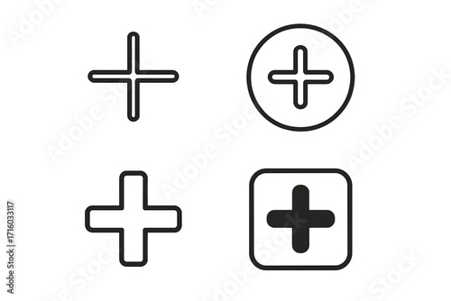 Plus sign icon set. Add symbol collection. Simple line art for web and app design. Positive, more, and cross buttons for UI/UX interface. Editable stroke vector illustration.