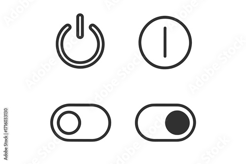 On Off switch line icon set. Power button and toggle switch UI elements. Vector outline symbols for web and app design. Start, stop, activate, enable, disable concept.
