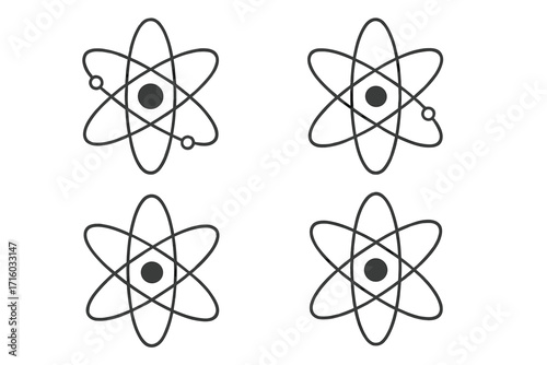 Atom icon set science symbol. Physics, chemistry, nuclear energy concept. Vector line art illustration. Molecule structure with nucleus, electron orbit. Editable stroke signs.