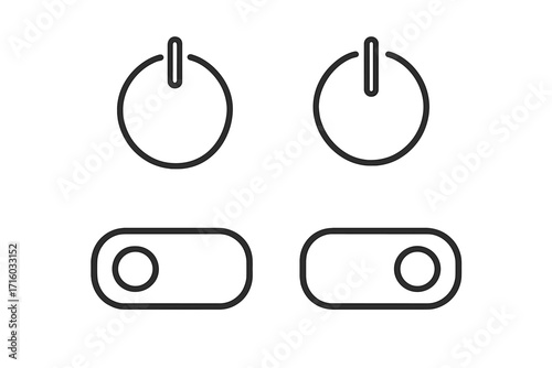 On Off switch and power button line icon set. Vector outline toggle symbols for web design, apps, UI, and UX graphic interface. Digital start, stop, and control signs.