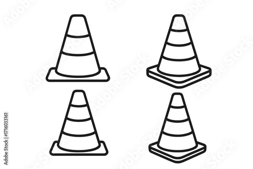 Traffic cone icon set. Road safety and construction warning sign. Under construction symbol. Street repair and highway maintenance attention pylon. Vector line art illustration.