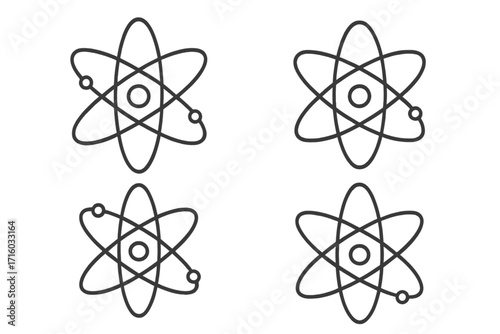 Atom icon set. Science symbol concept for physics, chemistry, nuclear energy. Vector line illustration for education, technology. Atomic structure model with nucleus and electrons.
