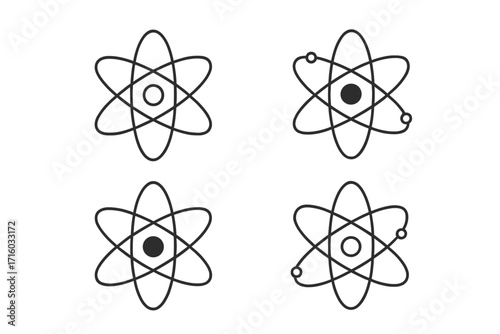 Atom icon set. Science symbol collection. Physics, chemistry, nuclear energy concept. Vector line art illustration of atomic structure with electron and nucleus. Editable stroke.