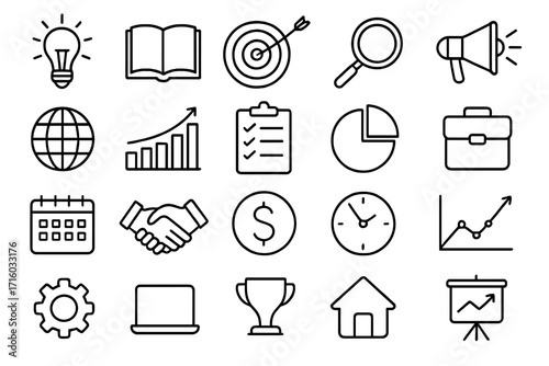 Business and finance line icon set. Marketing strategy, data analysis, and success concepts. Growth and management symbols for web. Editable stroke pictograms. Vector elements.
