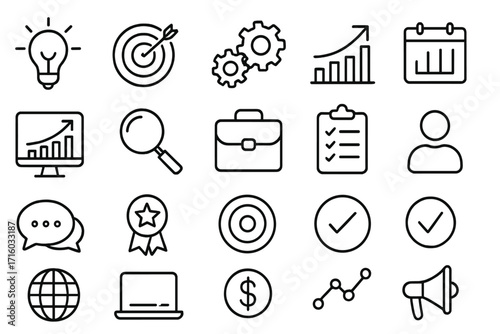 Business strategy outline icon set. Icons for success, startup, marketing, and finance. Includes idea, target, growth chart, analytics, and goal symbols. Editable stroke.