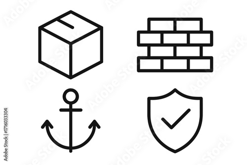 Security and stability thin line icon set. Vector symbols of package box, brick wall, anchor, and protection shield. Outline graphic elements for web, UI, UX, and business.