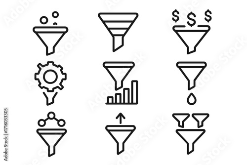Sales funnel marketing icon set. Lead generation and conversion rate optimization. Data filter and analysis process line icons. Vector symbols with editable stroke.