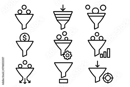 Sales funnel line icon set. Lead generation and marketing conversion pipeline icons. Business process, data filtering, and customer targeting vector symbols. Editable stroke.