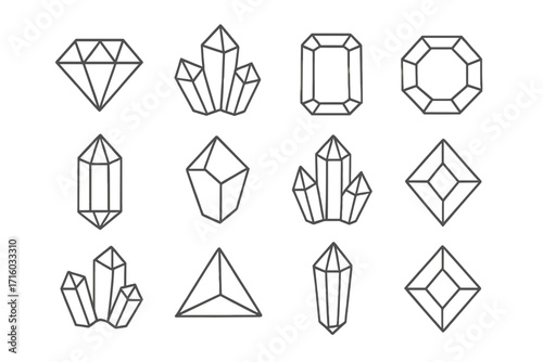 Crystal and diamond line icon set. Gemstone, mineral, and precious gem collection. Esoteric and spiritual symbols. Geometric jewelry shapes for logo, web, and apps. Vector.