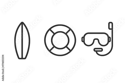 Summer beach line icons. Surfboard, lifebuoy, diving mask. Water sports, ocean safety, and vacation travel concept. Minimalist vector pictogram set for web and apps.