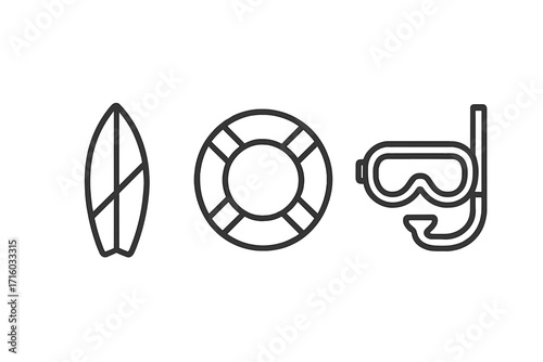 Summer beach vacation icon set with surfboard, lifebuoy, and diving mask. Minimal line art pictograms for water sports, safety, surfing, and snorkeling concepts.
