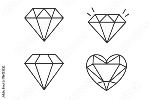 Diamond line icon set. Gemstone, jewel, and crystal outline collection. Vector graphics with editable stroke. Luxury, wealth, and precious stone symbols. Shining brilliant and heart shape.