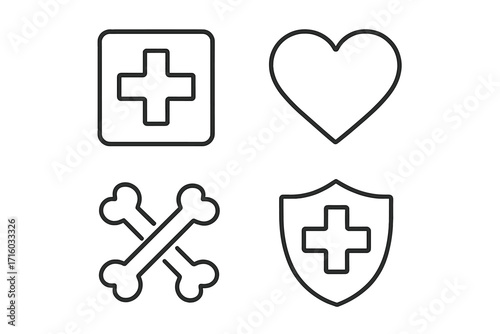 Medical line icon set for healthcare. Outline pictogram collection with symbols for hospital, clinic, pharmacy. Includes medical cross, heart, bones. Vector for web, app design.