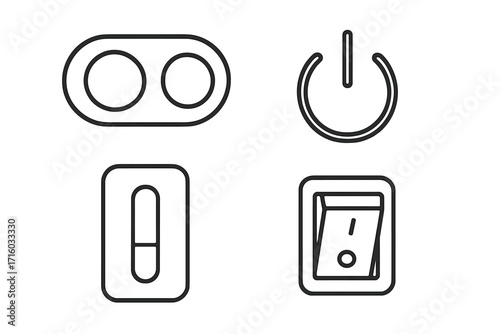 On off switch line icon set. Power button, toggle, and slider icons. UI UX elements for web design and mobile app interface. Vector outline symbols for start, stop, and control.