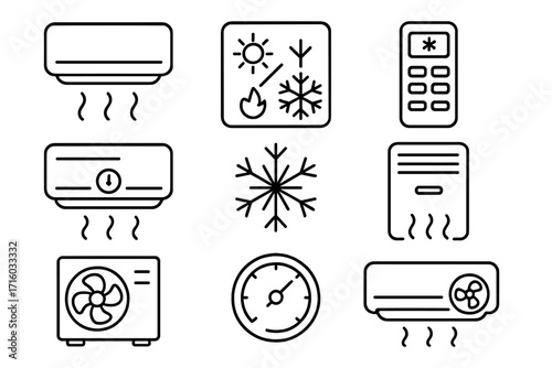 Air conditioner line icon set. Concept of cooling, heating, and climate control. HVAC system vector symbols. Fan, remote, temperature. Outline pictogram collection for web.